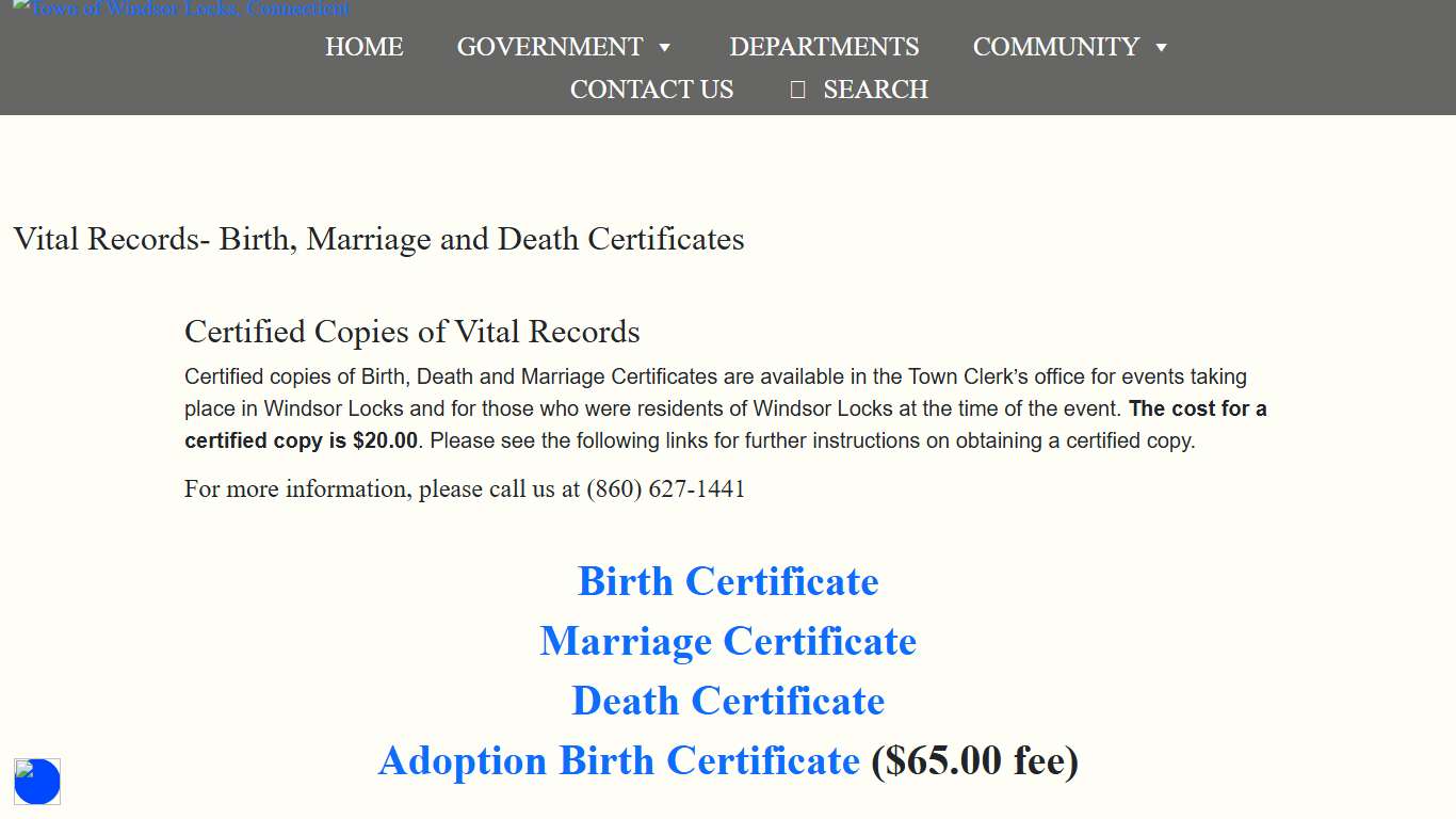 Vital Records- Birth, Marriage and Death Certificates – Town of Windsor Locks, Connecticut